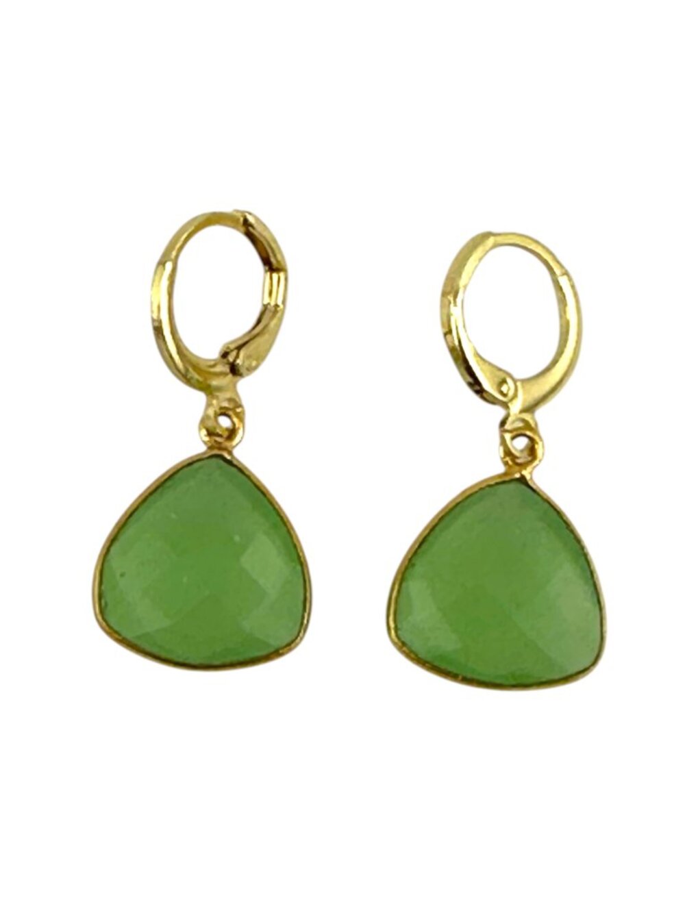 Faceted Green Chalcedony Earrings | 14mm Trillion Drop | Gold Filled Leverbacks